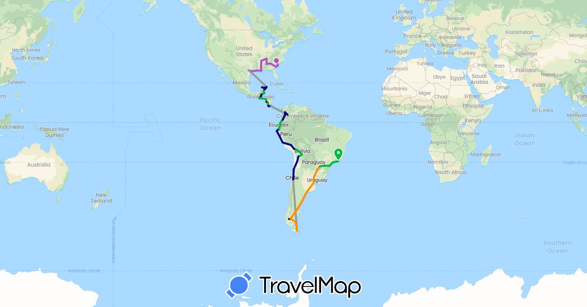 TravelMap itinerary: driving, bus, plane, train, hitchhiking in Argentina, Bolivia, Brazil, Belize, Chile, Colombia, Costa Rica, Ecuador, Guatemala, Honduras, Mexico, Nicaragua, Peru, United States (North America, South America)